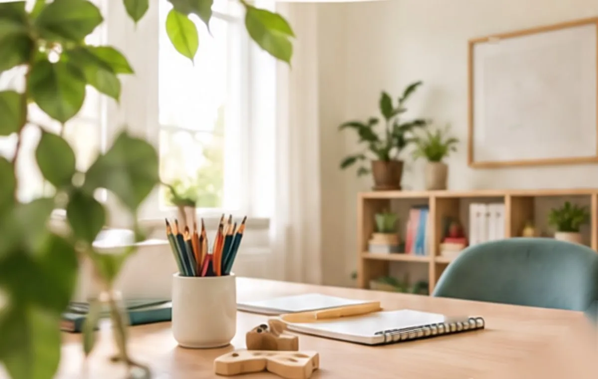 Le cabinet de graphothérapie : un bureau lumineux avec des plantes, des crayons de couleur et un cahier